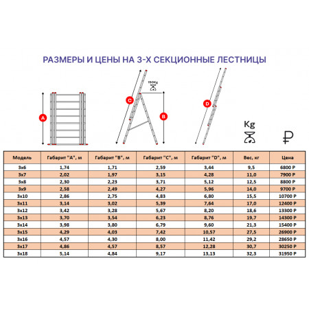 Лестница алюминиевая 3х15 (10,57м)